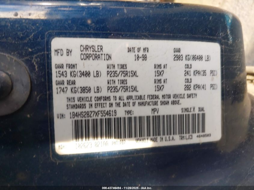 1999 Dodge Durango VIN: 1B4HS28Z7XF554619 Lot: 43746494