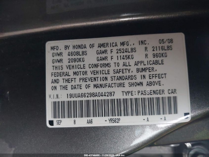 2008 Acura Tl 3.2 VIN: 19UUA66298A044287 Lot: 43746495