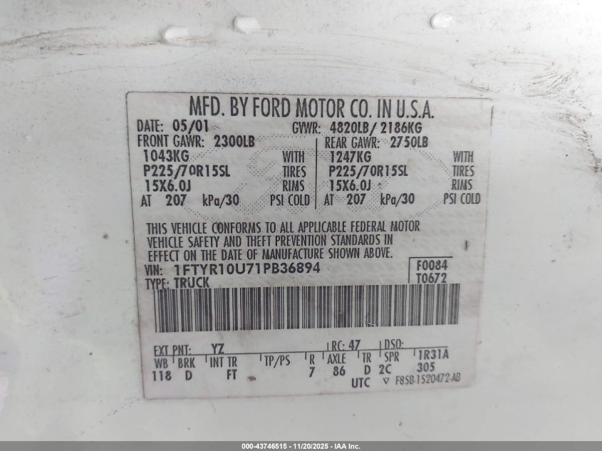 2001 Ford Ranger Edge/Xl/Xlt VIN: 1FTYR10U71PB36894 Lot: 43746515