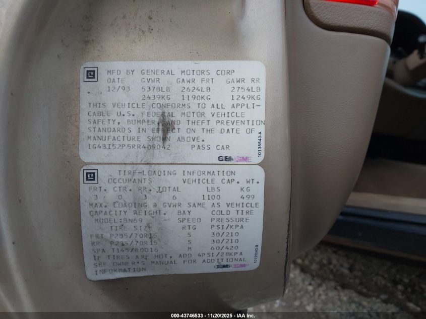 1994 Buick Roadmaster Limited VIN: 1G4BT52P5RR409042 Lot: 43746533