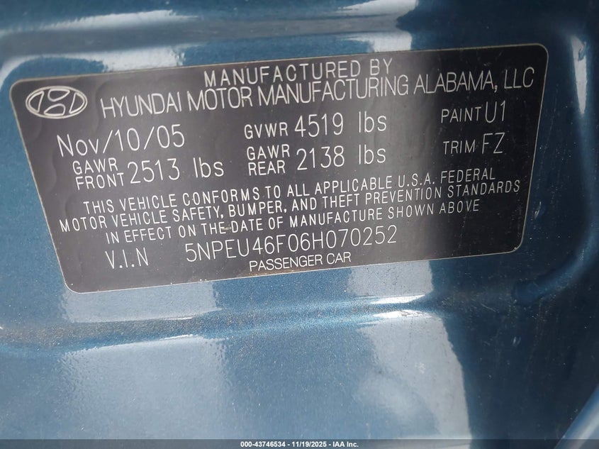 5NPEU46F06H070252 2006 HYUNDAI SONATA photo no. 9