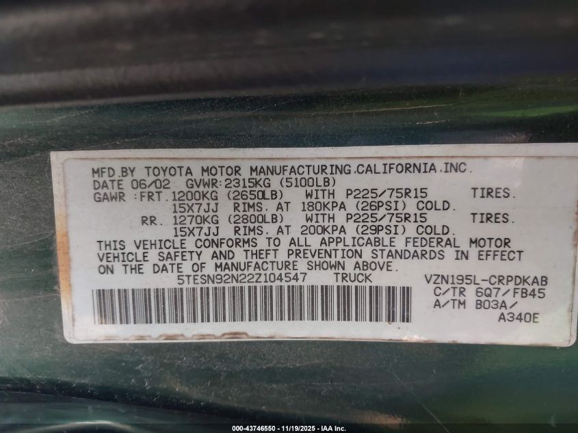 2002 Toyota Tacoma Prerunner V6 VIN: 5TESN92N22Z104547 Lot: 43746550