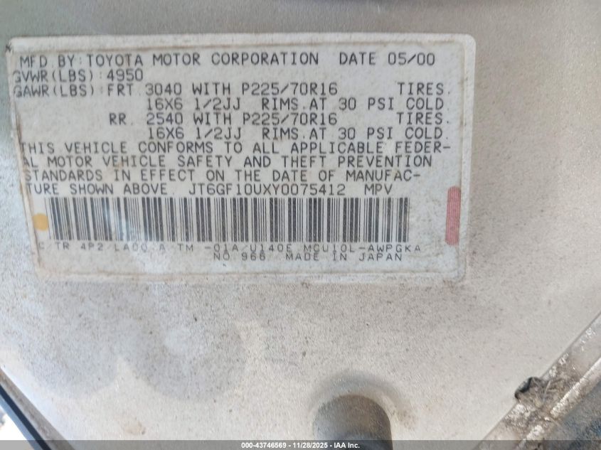 2000 Lexus Rx 300 VIN: JT6GF10UXY0075412 Lot: 43746569