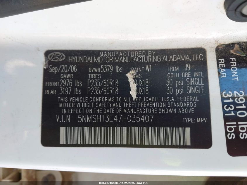 2007 Hyundai Santa Fe Limited/Se VIN: 5NMSH13E47H035407 Lot: 43746588