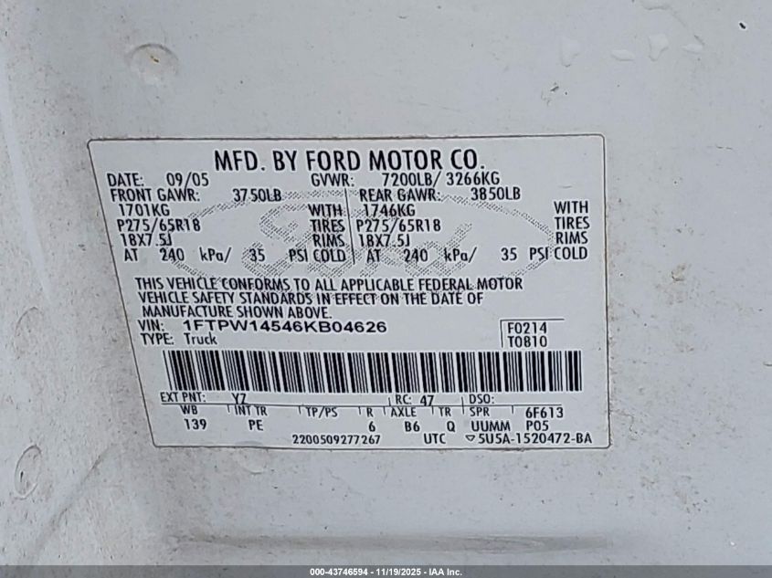 2006 Ford F-150 Fx4/Lariat/Xlt VIN: 1FTPW14546KB04626 Lot: 43746594