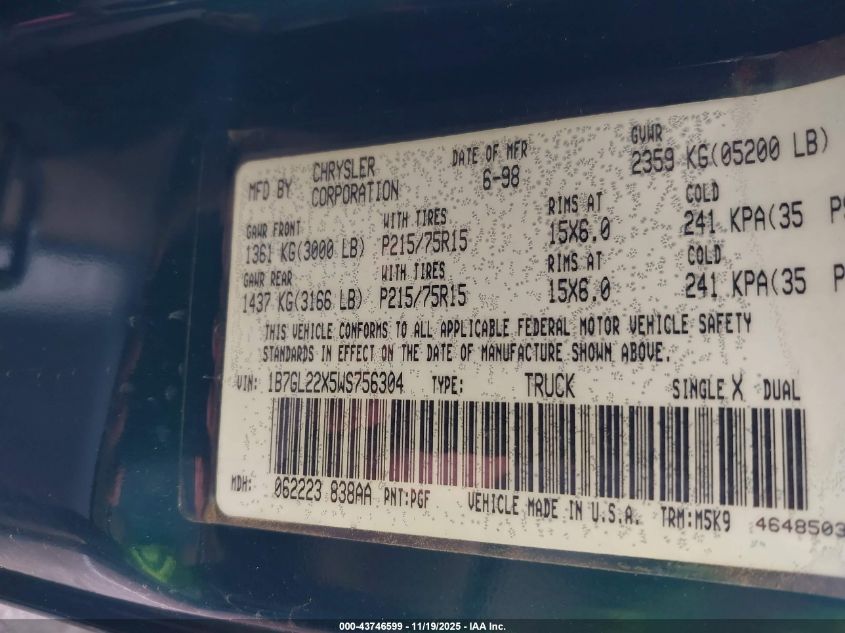 1998 Dodge Dakota Slt/Sport VIN: 1B7GL22X5WS756304 Lot: 43746599