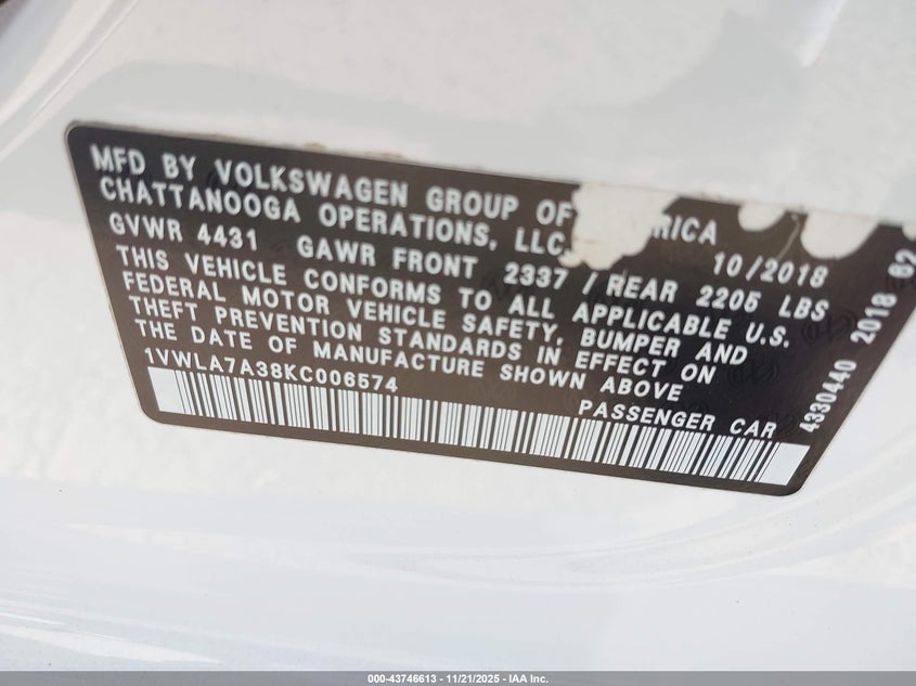 2019 Volkswagen Passat 2.0T Wolfsburg Edition VIN: 1VWLA7A38KC006574 Lot: 43746613