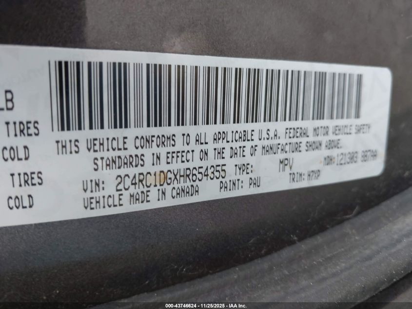 2017 Chrysler Pacifica Touring VIN: 2C4RC1DGXHR654355 Lot: 43746624