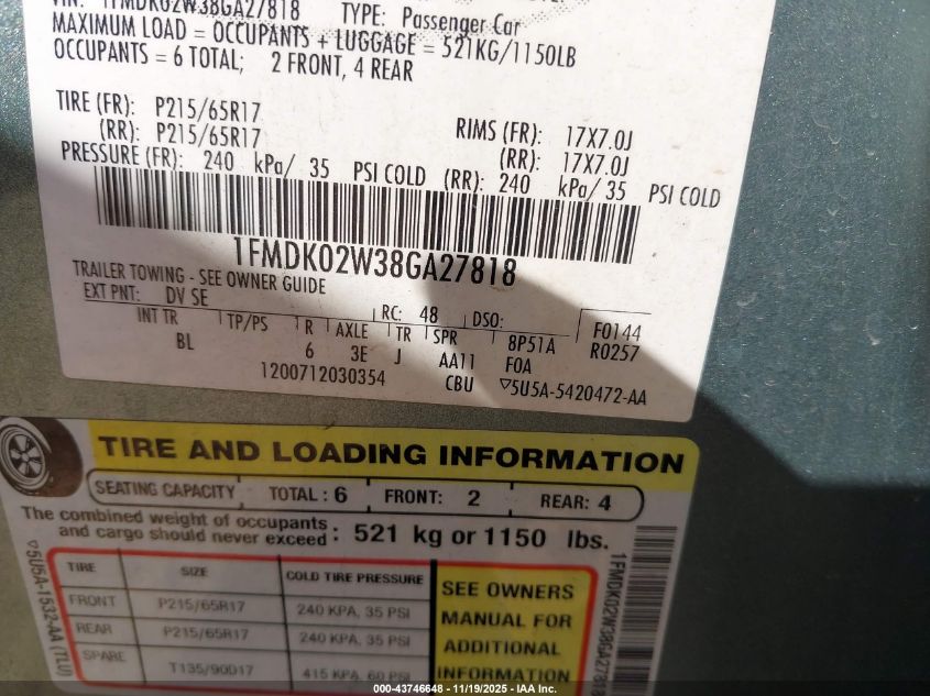 2008 Ford Taurus X Sel VIN: 1FMDK02W38GA27818 Lot: 43746648