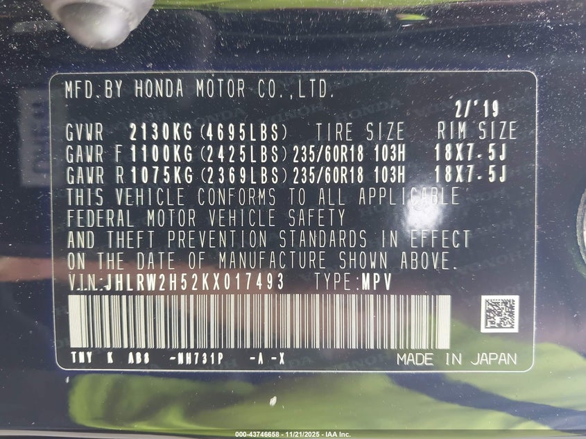 2019 Honda Cr-V Ex VIN: JHLRW2H52KX017493 Lot: 43746658