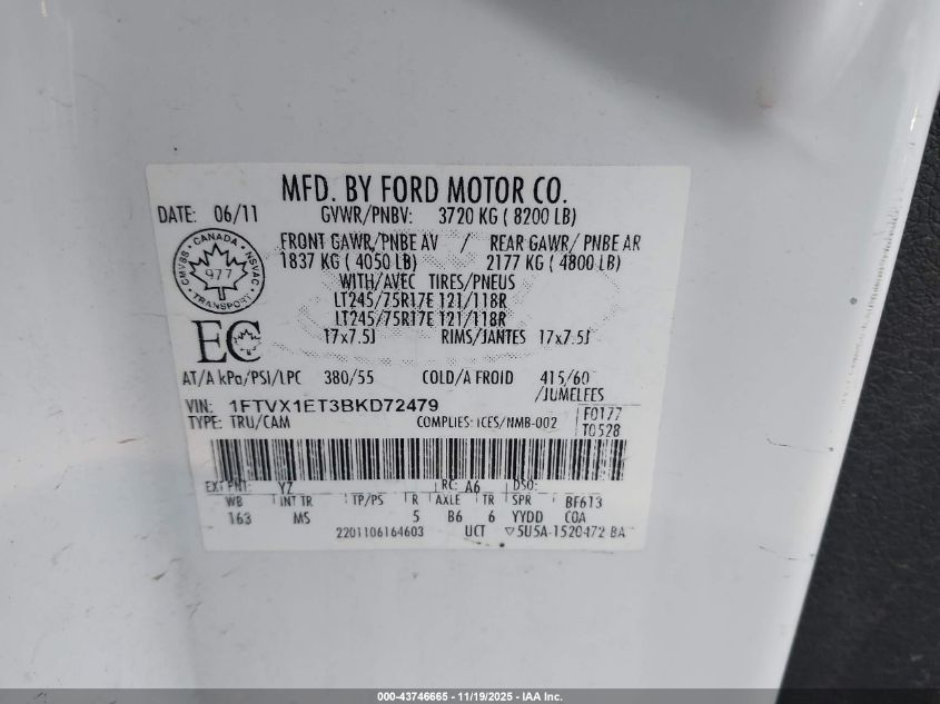 2011 Ford F150 Super Cab VIN: 1FTVX1ET3BKD72479 Lot: 43746665