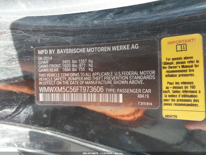 2015 Mini Hardtop Cooper VIN: WMWXM5C56FT973606 Lot: 43746678