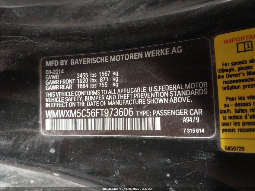 2015 Mini Hardtop Cooper VIN: WMWXM5C56FT973606 Lot: 43746678