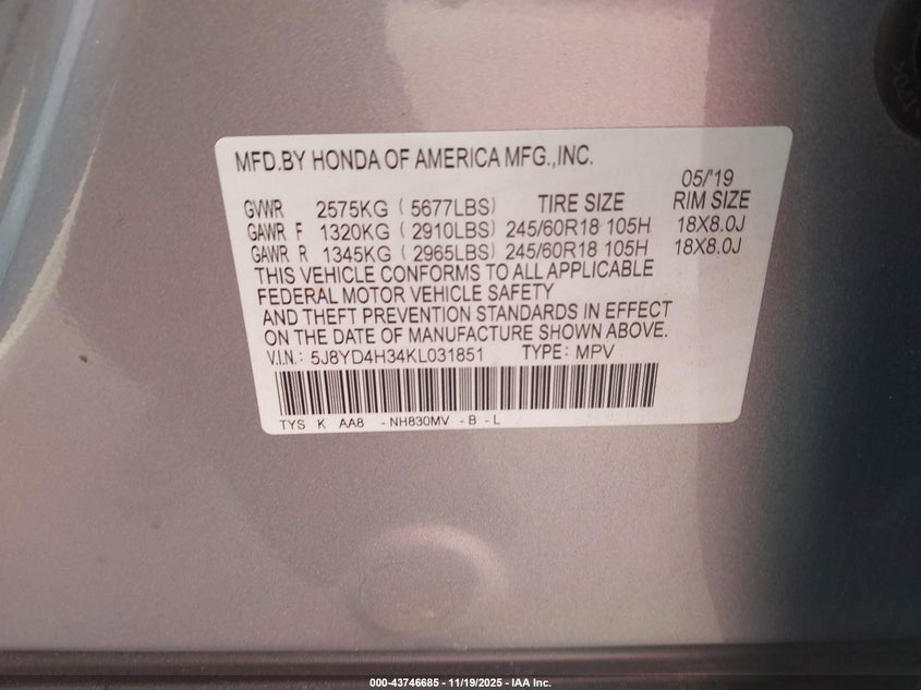 2019 Acura Mdx Standard VIN: 5J8YD4H34KL031851 Lot: 43746685