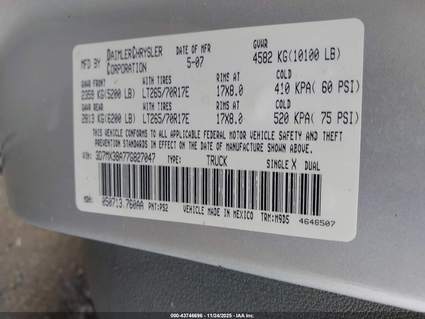 2007 Dodge Ram 3500 Slt/Trx4 Off Road/Sport VIN: 3D7MX38A77G827047 Lot: 43746696