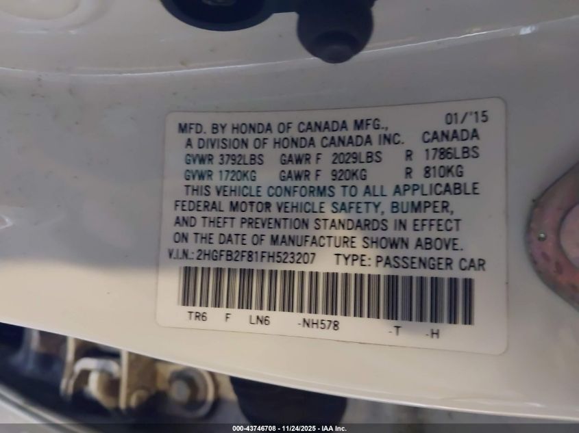 2015 Honda Civic Ex VIN: 2HGFB2F81FH523207 Lot: 43746708