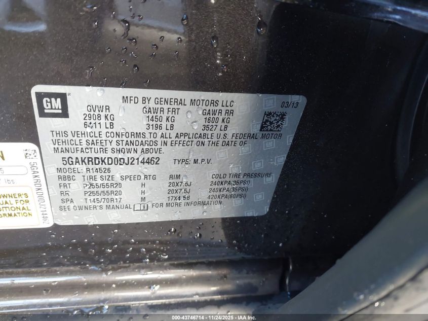 2013 Buick Enclave Premium VIN: 5GAKRDKD0DJ214462 Lot: 43746714