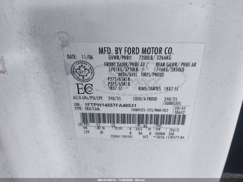 2007 Ford F-150 Fx4/Lariat/Xlt VIN: 1FTPW14557FA48531 Lot: 43746732