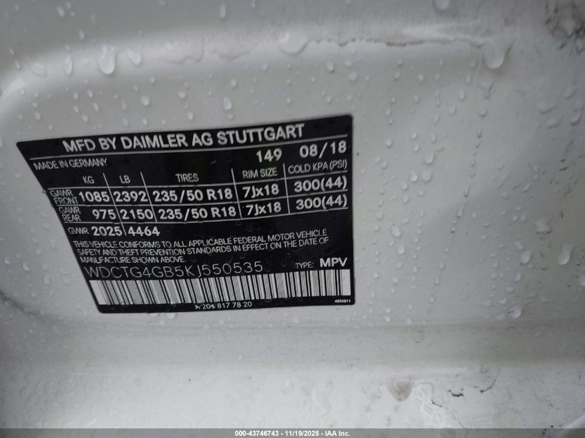 2019 Mercedes-Benz Gla 250 4Matic VIN: WDCTG4GB5KJ550535 Lot: 43746743