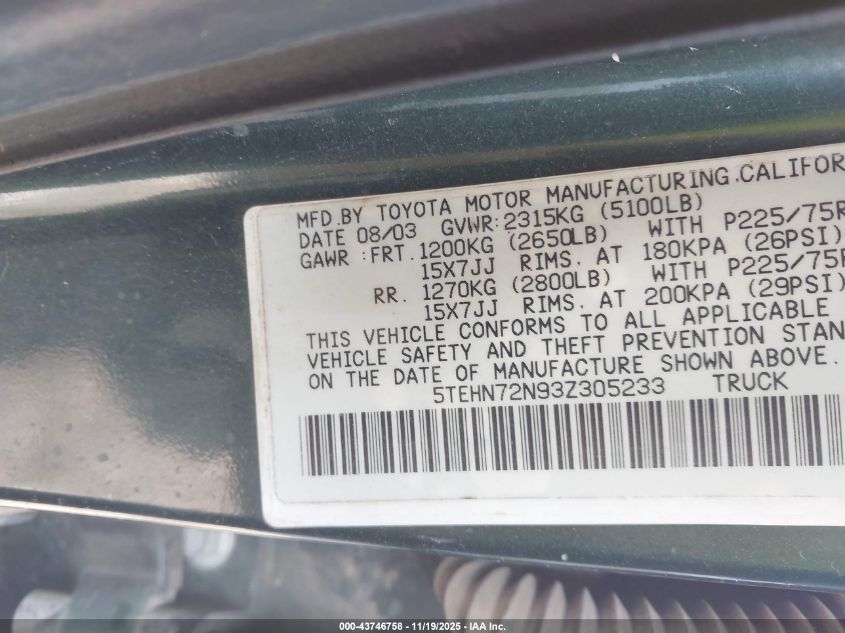 2003 Toyota Tacoma Base V6 VIN: 5TEHN72N93Z305233 Lot: 43746758