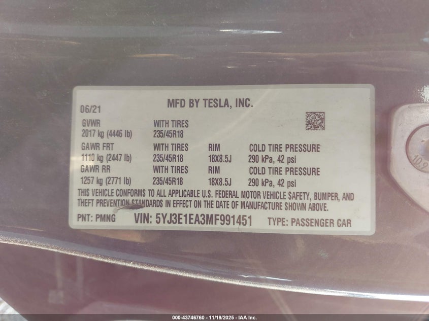 5YJ3E1EA3MF991451 2021 TESLA MODEL 3 photo no. 9