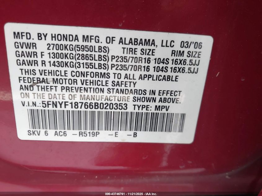 2006 Honda Pilot Ex-L VIN: 5FNYF18766B020353 Lot: 43746761