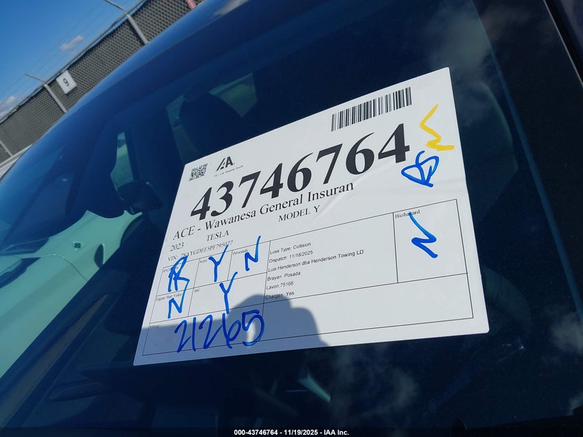 2023 Tesla Model Y Performance Dual Motor All-Wheel Drive VIN: 7SAYGDEF5PF795077 Lot: 43746764