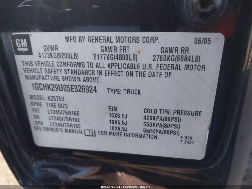 2005 Chevrolet Silverado 2500Hd Ls VIN: 1GCHK29U05E326924 Lot: 43746774
