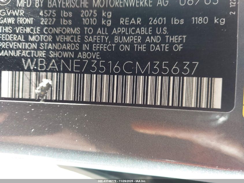 2006 BMW 530I VIN: WBANE73516CM35637 Lot: 43746779