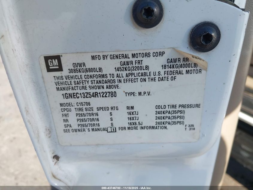 2004 Chevrolet Tahoe Lt VIN: 1GNEC13Z54R122780 Lot: 43746780