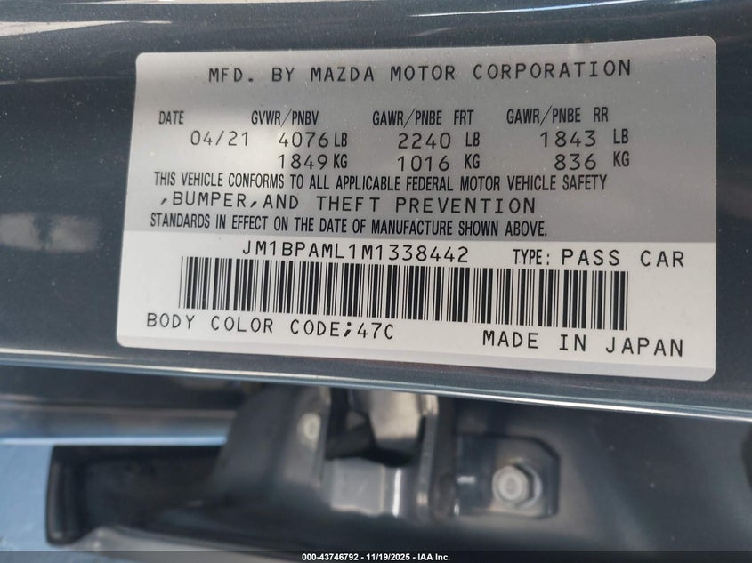 2021 Mazda Mazda3 Premium VIN: JM1BPAML1M1338442 Lot: 43746792