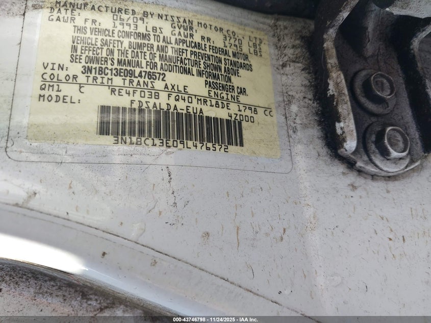 2009 Nissan Versa 1.8S VIN: 3N1BC13E09L476572 Lot: 43746798