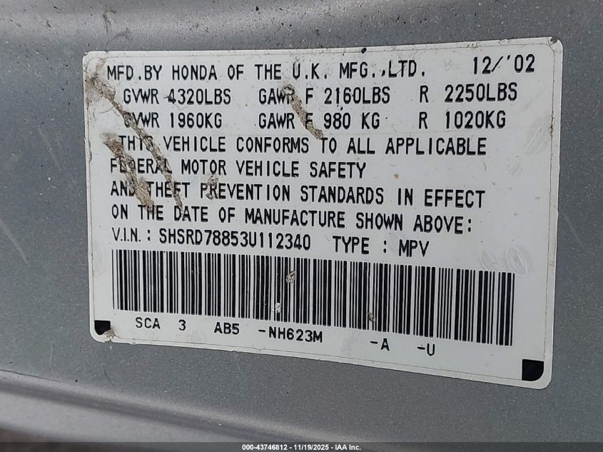 2003 Honda Cr-V Ex VIN: SHSRD78853U112340 Lot: 43746812