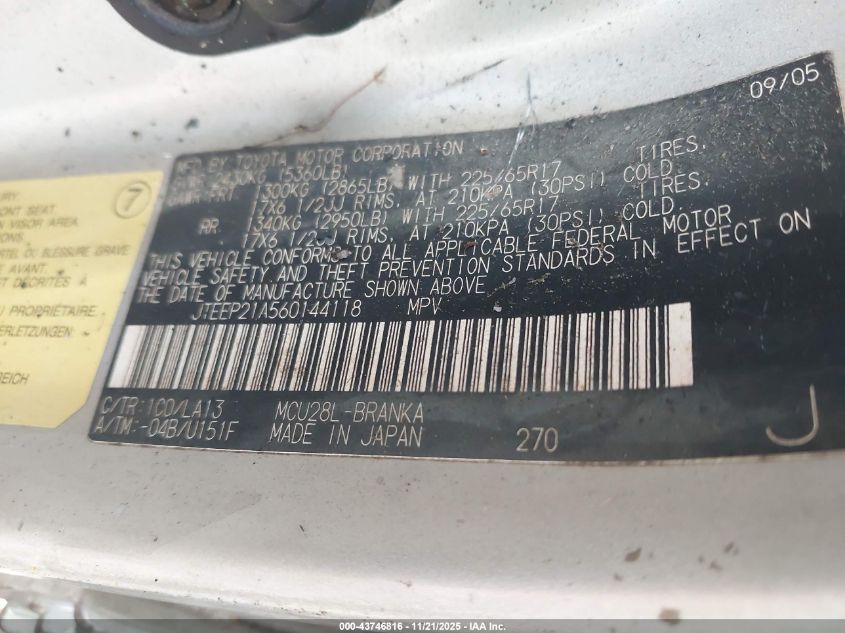 2006 Toyota Highlander Limited V6 VIN: JTEEP21A560144118 Lot: 43746816