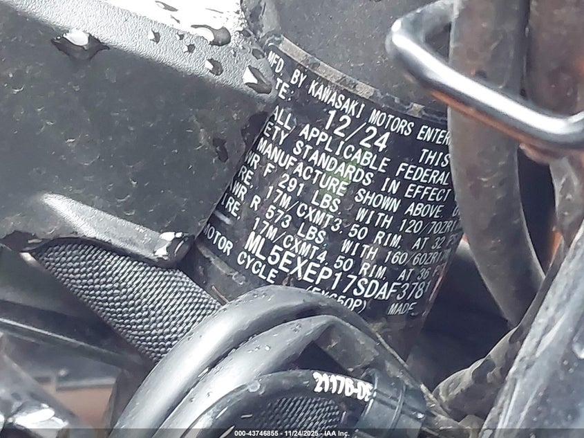 2025 Kawasaki Ex650 P VIN: ML5EXEP17SDAF3781 Lot: 43746855