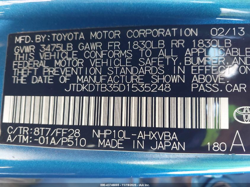 2013 Toyota Prius C Two VIN: JTDKDTB35D1535248 Lot: 43746885