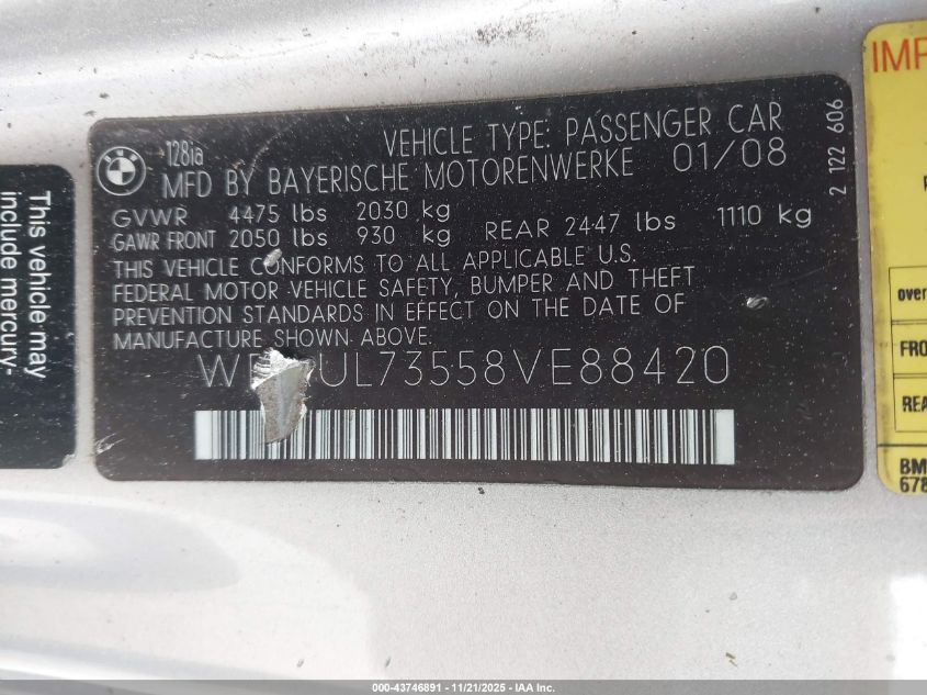 2008 BMW 128I VIN: WBAUL73558VE88420 Lot: 43746891