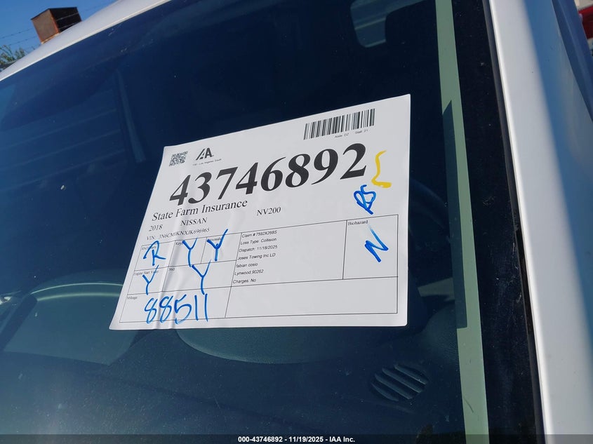 2018 Nissan Nv200 S VIN: 3N6CM0KNXJK696965 Lot: 43746892