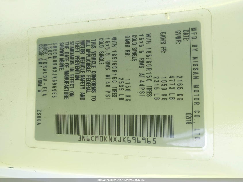 2018 Nissan Nv200 S VIN: 3N6CM0KNXJK696965 Lot: 43746892