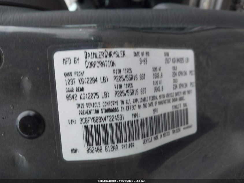 2004 Chrysler Pt Cruiser Limited VIN: 3C8FY688X4T224531 Lot: 43746901