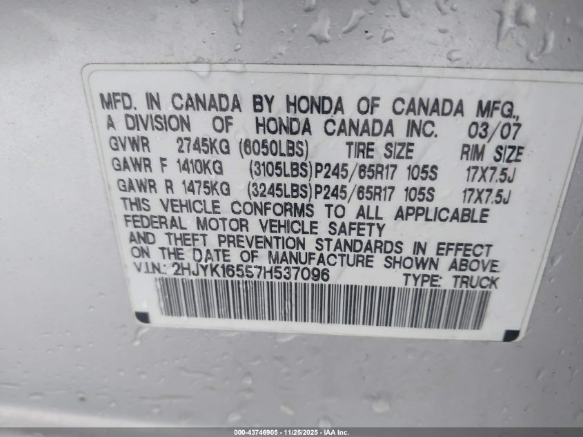 2007 Honda Ridgeline Rtl VIN: 2HJYK16557H537096 Lot: 43746905