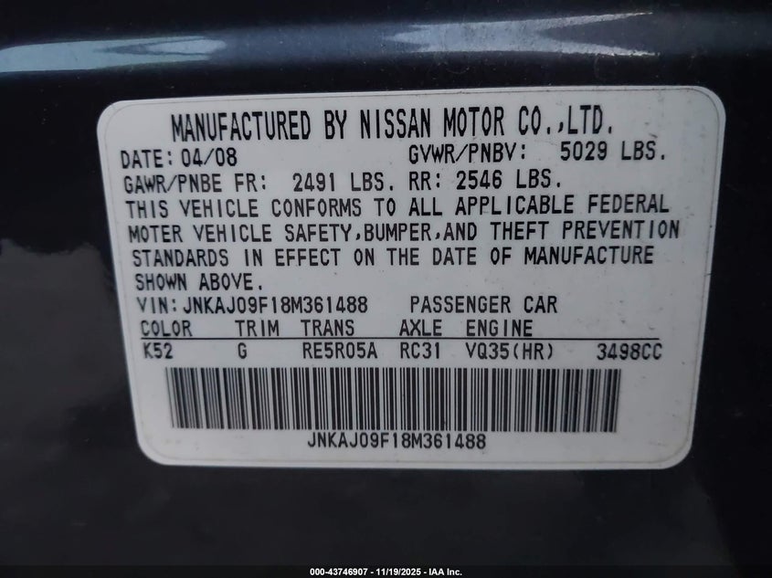 2008 Infiniti Ex35 Journey VIN: JNKAJ09F18M361488 Lot: 43746907
