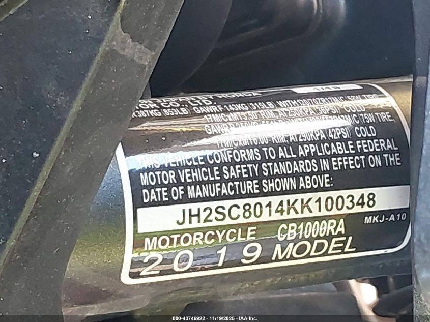 2019 Honda Cb1000 Ra VIN: JH2SC8014KK100348 Lot: 43746922