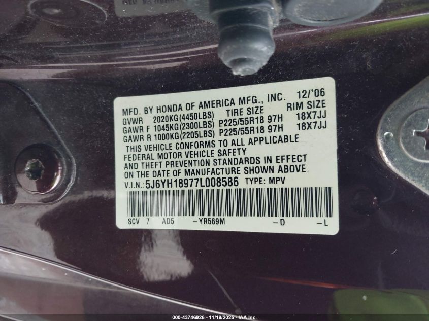 2007 Honda Element Sc VIN: 5J6YH18977L008586 Lot: 43746926