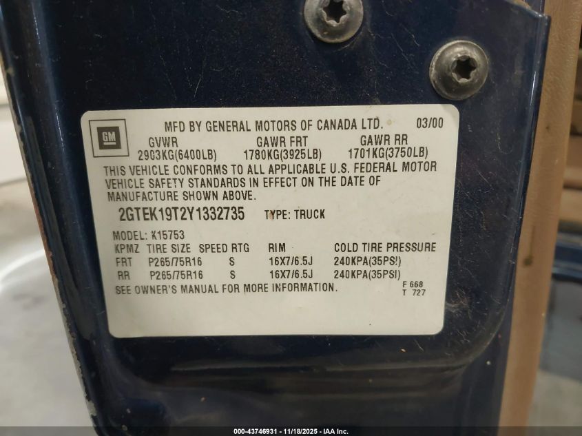 2000 GMC Sierra 1500 Sle VIN: 2GTEK19T2Y1332735 Lot: 43746931