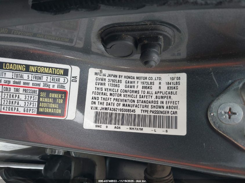 2009 Honda Civic Hybrid VIN: JHMFA36219S008545 Lot: 43746933