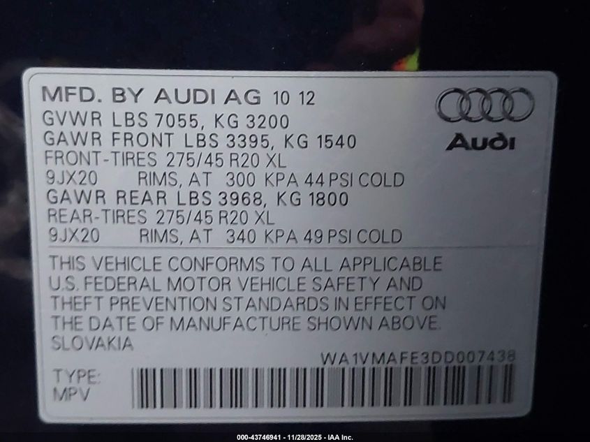 2013 Audi Q7 3.0 Tdi Premium VIN: WA1VMAFE3DD007438 Lot: 43746941