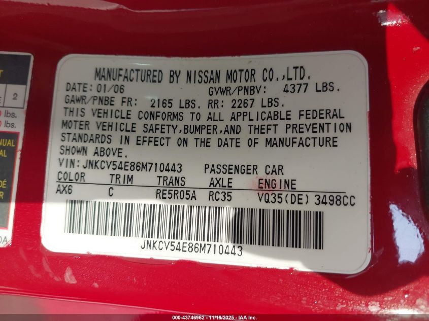 2006 Infiniti G35 VIN: JNKCV54E86M710443 Lot: 43746962