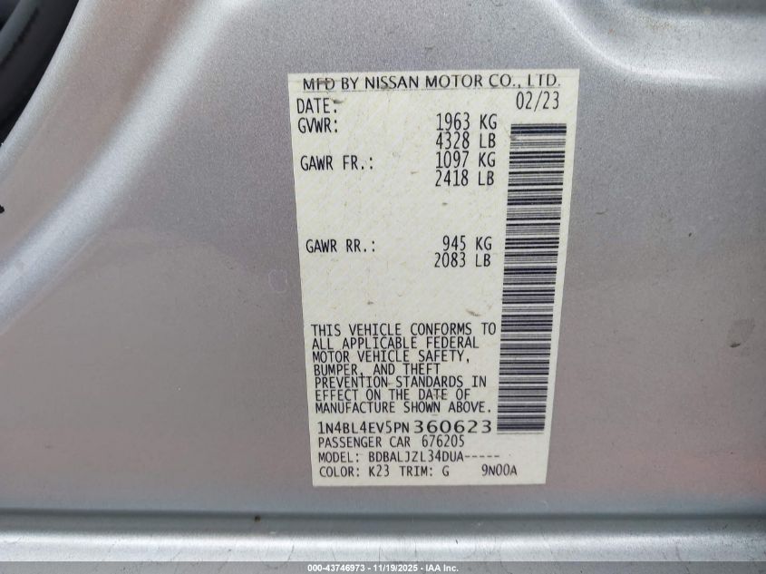 2023 Nissan Altima Sl Fwd VIN: 1N4BL4EV5PN360623 Lot: 43746973