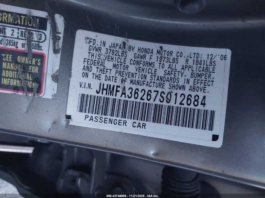 2007 Honda Civic Hybrid VIN: JHMFA36267S012684 Lot: 43746986